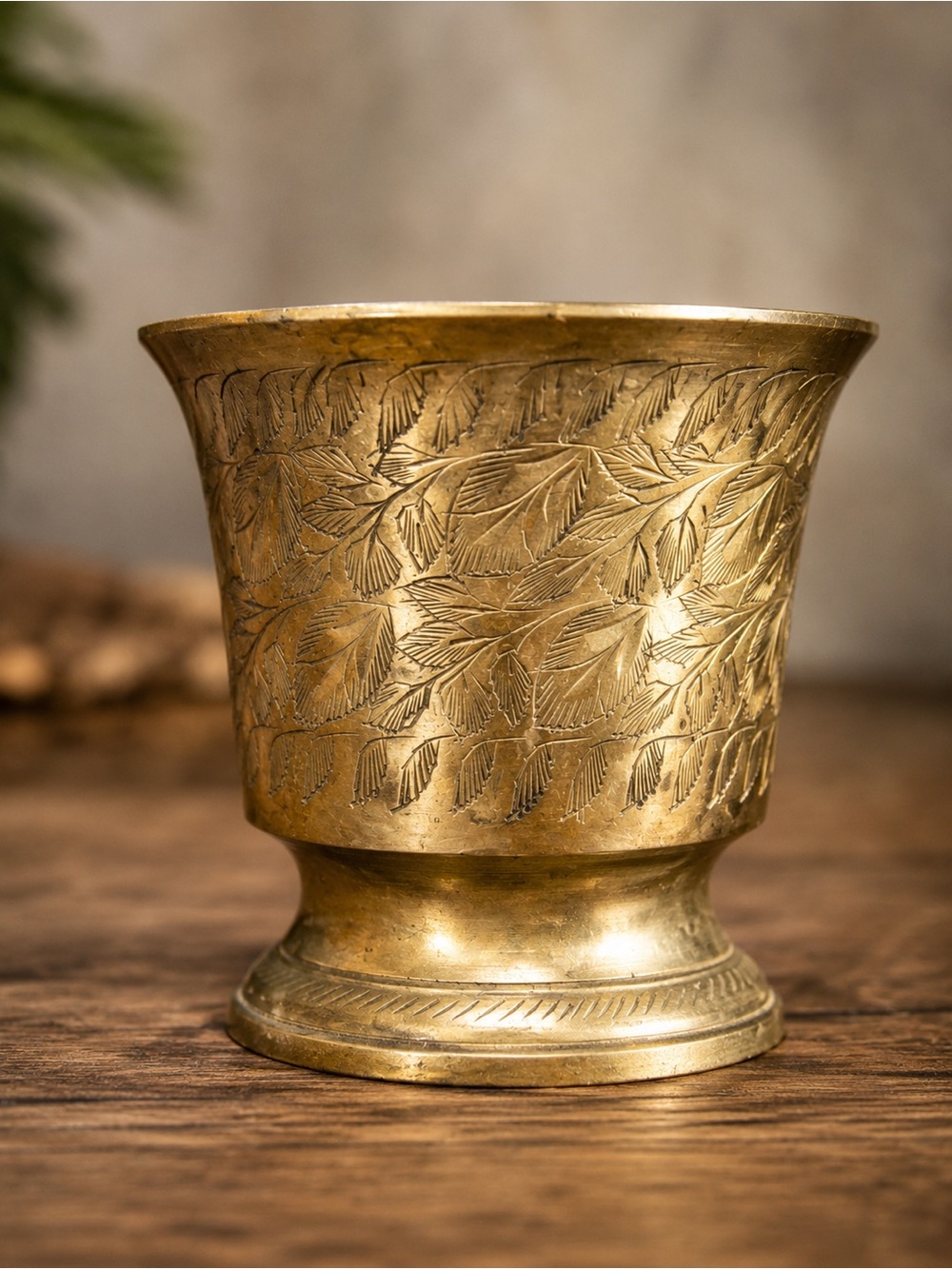 Vintage MYK India Brass Footed Cup Bowl‎ Engraved Leaf Design 3.5”
